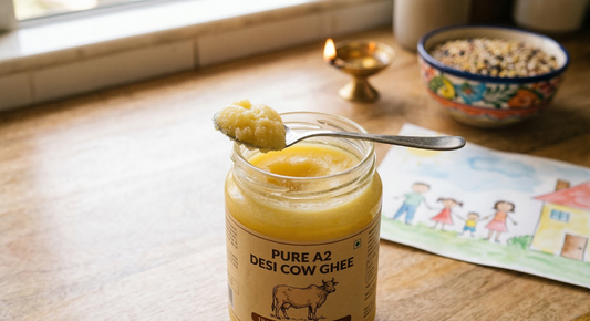 A small stainless steel spoon resting on a glass jar of solidified pure A2 desi cow ghee for a family's 30-day health test.