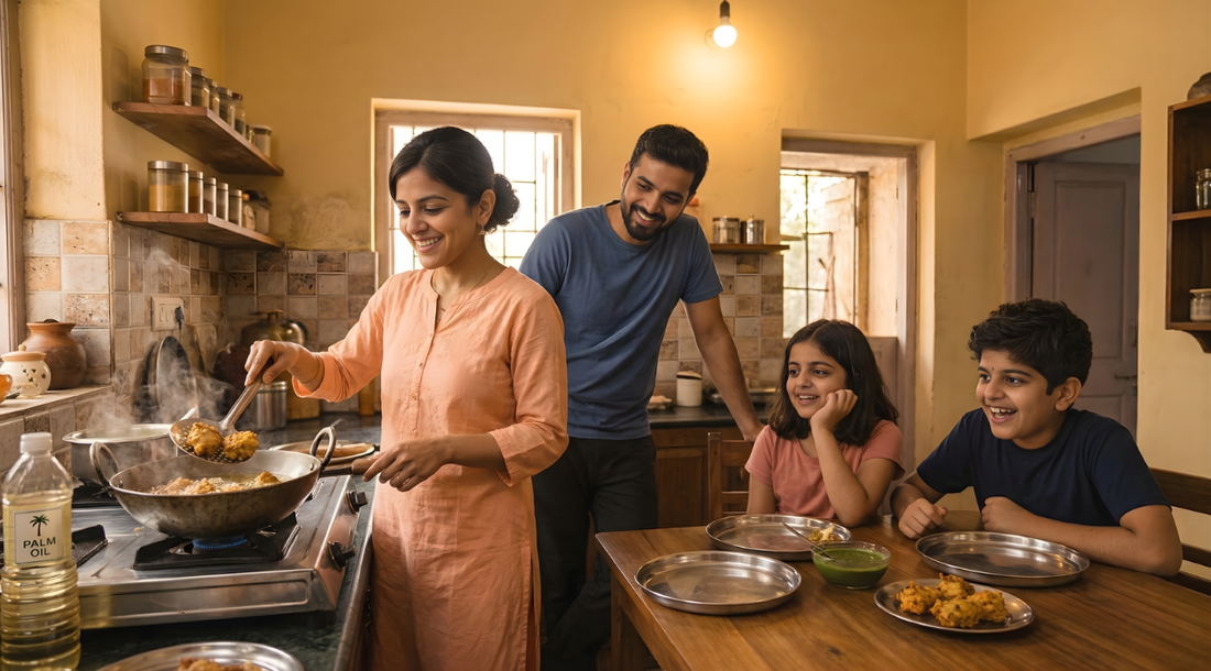 Ananya cooking pakoras while family discusses palm oil health