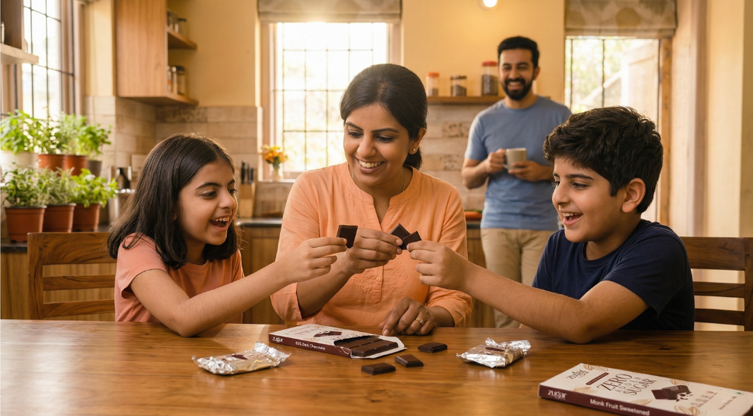 Family enjoying sugar free dark chocolate together at home healthy sweet treat for diabetics