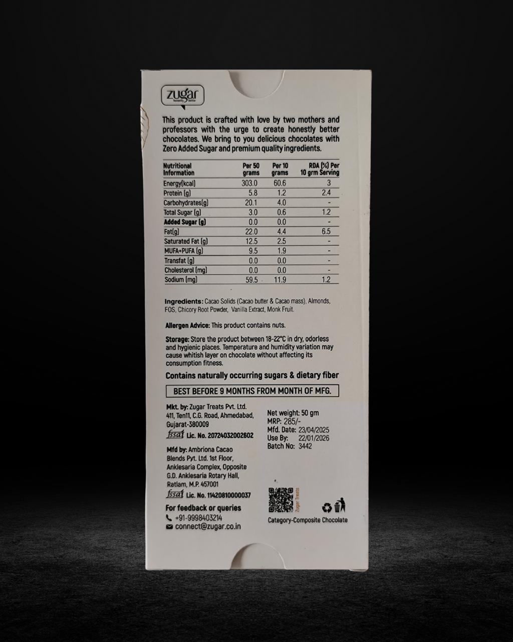 65% Dark Chocolate 50gm- Contains Monk fruit